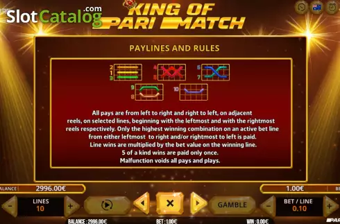 Pay Lines screen. King of Parimatch slot