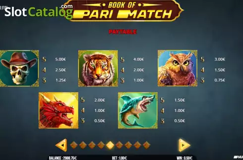 Pay Table screen. Book of Parimatch slot
