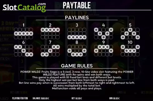 Paylines screen. Power Wildz: Fruit Saga slot