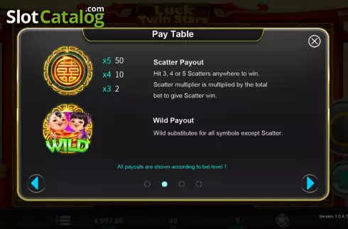 Paytable screen. Luck Twin Stars slot