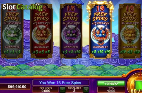 Free Spins screen. 5 Dragons Legend slot