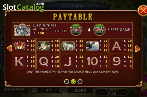 Paytable screen. White Tiger (Funky Games) slot