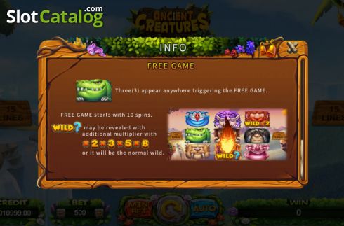 Free Games feature screen. Ancient Creatures slot