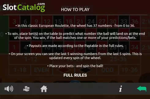 Game Rules screen. LeoVegas European Roulette slot