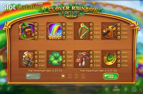 Paytable screen. Clover Rainbow 6 Deluxe slot