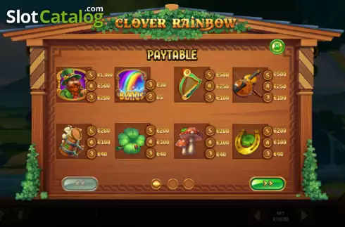 Paytable screen. Clover Rainbow slot