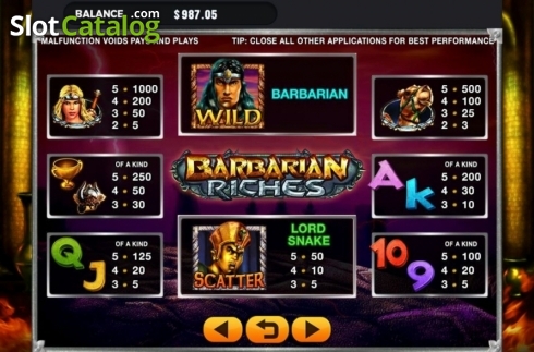Paytable. Barbarian Riches slot