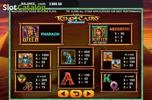 Paytable. King of Cairo Deluxe slot