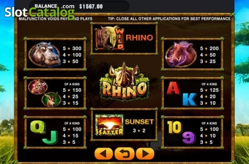 Paytable. Rhino slot