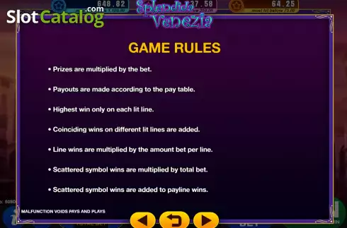Game Rules screen. Splendida Venezia slot