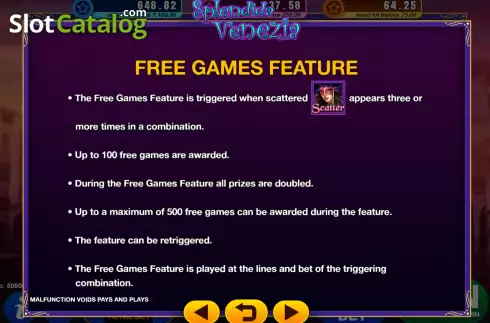 Game Features screen. Splendida Venezia slot