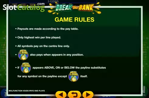 Game Features screen. Break the Bank (GMW) slot