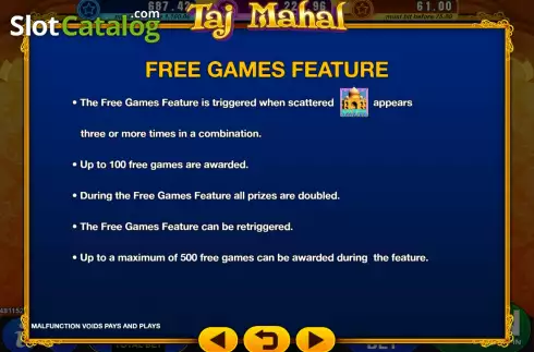 Game Features screen. Taj Mahal slot