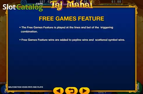 Game Features screen 2. Taj Mahal slot