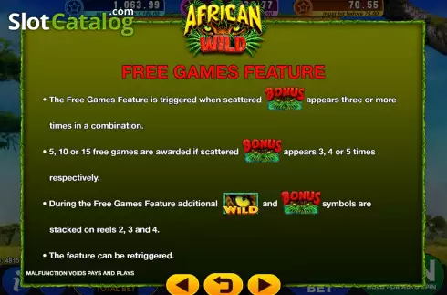 Game Features screen. African Wild (GMW) slot