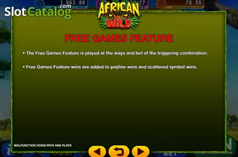Game Features screen 2. African Wild (GMW) slot