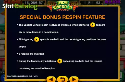 Game Features screen. Jade Emperor (GMW) slot
