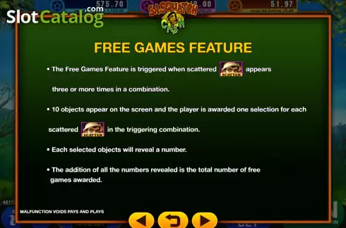Game Features screen. Sasquatch Cash slot