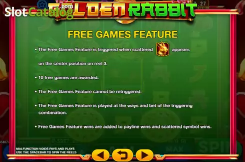 Free Games screen. Golden Rabbit (GMW) slot