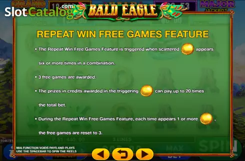 Repeat Win Free Games feature screen. Bald Eagle slot