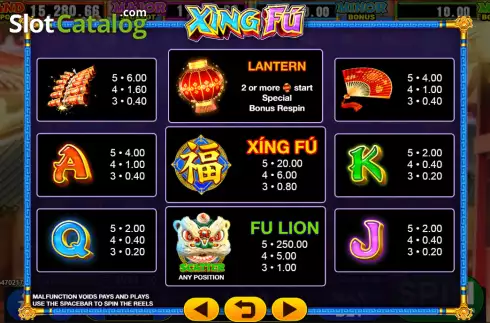 Paytable screen. Xing Fu slot