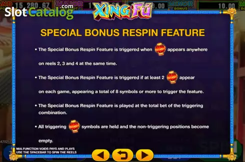 Special Bonus Respin feature screen. Xing Fu slot
