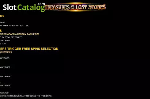 Features screen. Treasures Of The Lost Stones slot
