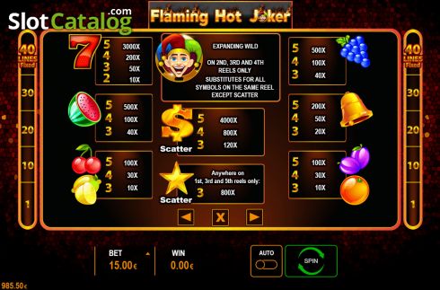 Paytable screen. Flaming Hot Joker slot