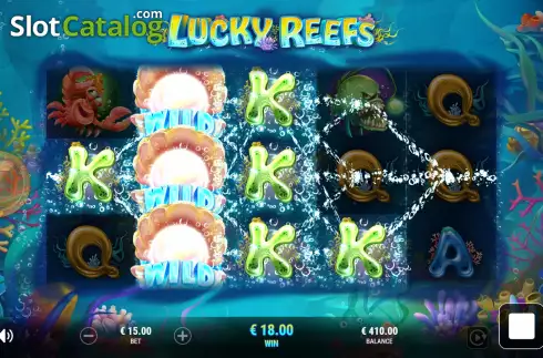 Expanding Wild ReSpins Win Screen. Lucky Reefs slot