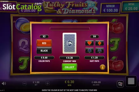 Risk Game screen. Lucky Fruits and Diamonds slot