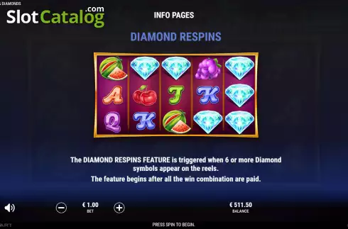 Diamond Respins screen. Lucky Fruits and Diamonds slot