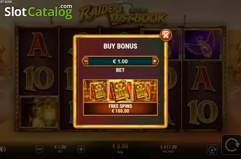 Buy Feature Screen. Raiders of the Lost Book slot