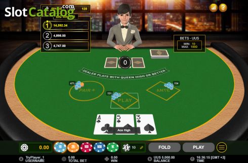 Game screen. Three Card Poker (Gameplay) slot