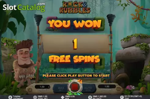 Free Spins screen. Rock and Rubbles slot