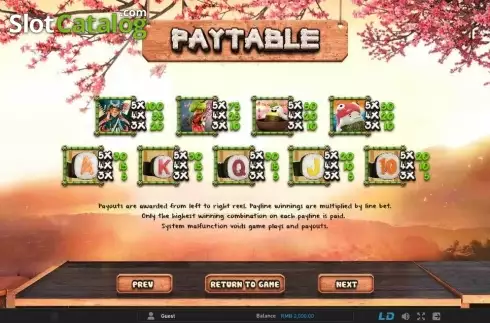 Paytable 1. Samurai Sushi slot
