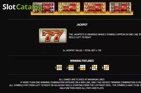 Jackpot and paylines screen. Fortune Three slot