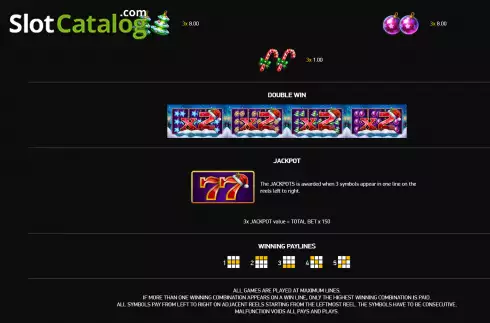 Features and paylines screen. Fortune Three Xmas slot