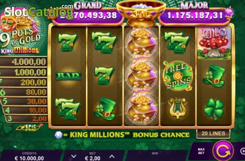 Game screen. 9 Pots of Gold King Millions slot