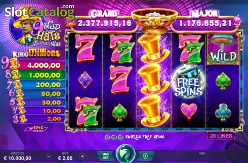 Game screen. 9 Mad Hats King Millions slot