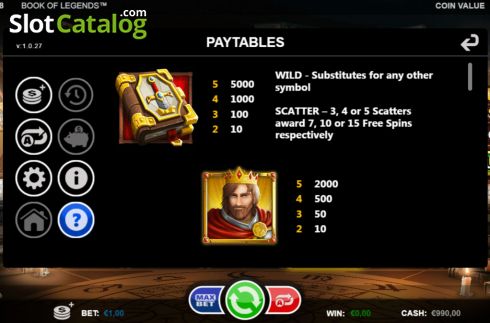 Paytable screen. Book of Legends (Games Inc) slot