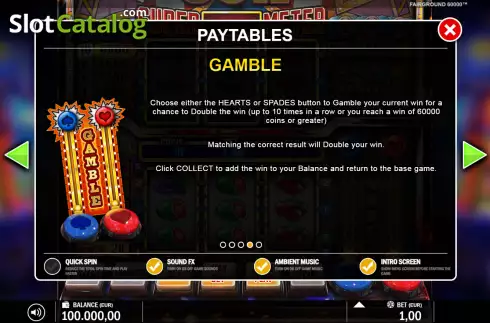 Gamble feature screen. Fairground 60k slot