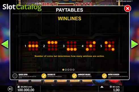 Paylines screen. Fairground 60k slot