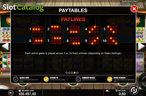 Paylines screen. Club Tropicana Wild slot