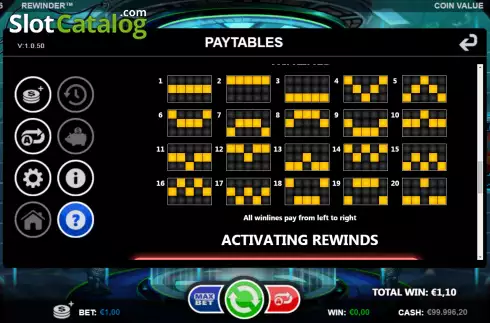 Paylines screen. Rewinder slot