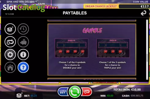 Risk game screen. Spin and Win Deluxe (Games Inc) slot