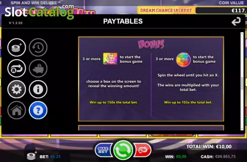 Bonus rules screen. Spin and Win Deluxe (Games Inc) slot