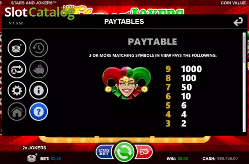 Paytable screen. Stars and Jokers slot