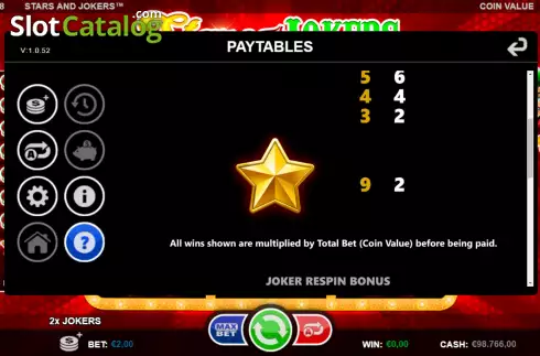 Paytable screen 2. Stars and Jokers slot