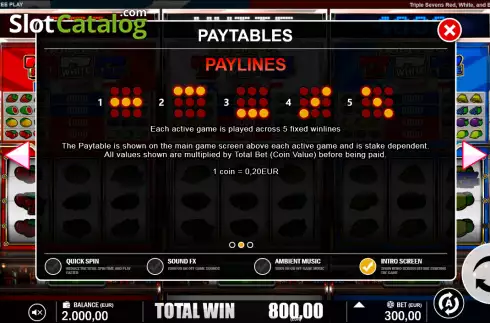 Paylines screen. Triple 7's Red White and Blue slot