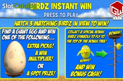 Start Screen. Birdz Instant Win slot